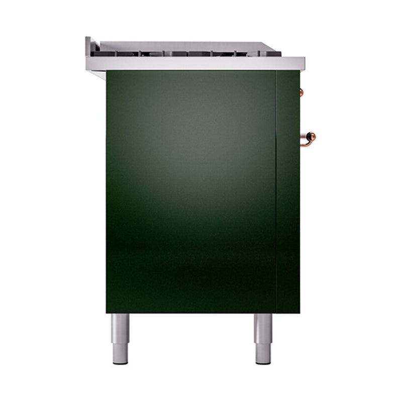 ILVE 60-Inch Nostalgie II Noblesse Dual Fuel Rangewith 7 Sealed Burners, Gridlde, French Top, and Solid Door Oven in Emerald Green with Copper Trim (UN60FSQNMPEGP)
