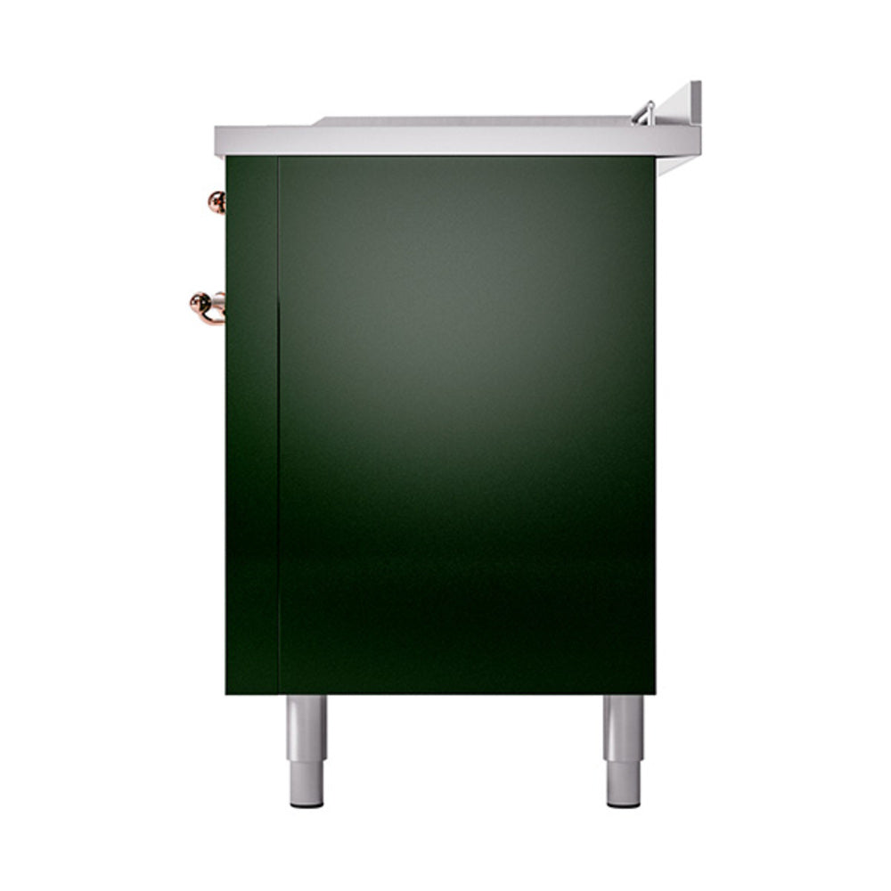 Emerald green range cabinet with stainless rear section and copper knobs, adjustable legs