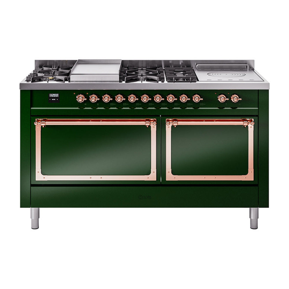 Emerald green dual fuel range with copper trim, burner grates and front oven doors.