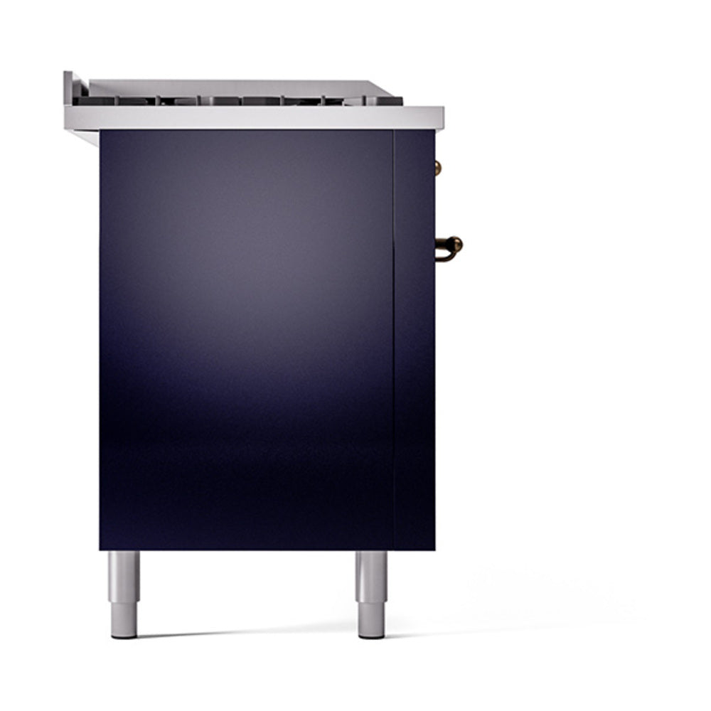 ILVE dual fuel range side view of midnight blue solid door oven with trim and feet