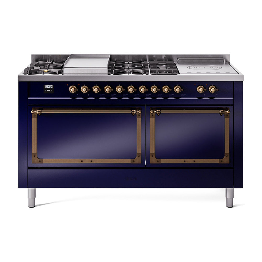 ILVE dual fuel range, midnight blue with bronze trim and two oven doors, front view
