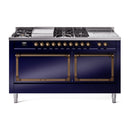 ILVE 60-Inch Nostalgie II Noblesse Natural Gas Dual Fuel Range with 7 Sealed Burners, Gridlde, French Top, and Solid Door Oven in Midnight Blue with Bronze Trim (UN60FSQNMPMBB)