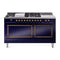 ILVE 60-Inch Nostalgie II Noblesse Natural Gas Dual Fuel Range with 7 Sealed Burners, Gridlde, French Top, and Solid Door Oven in Midnight Blue with Bronze Trim (UN60FSQNMPMBB)