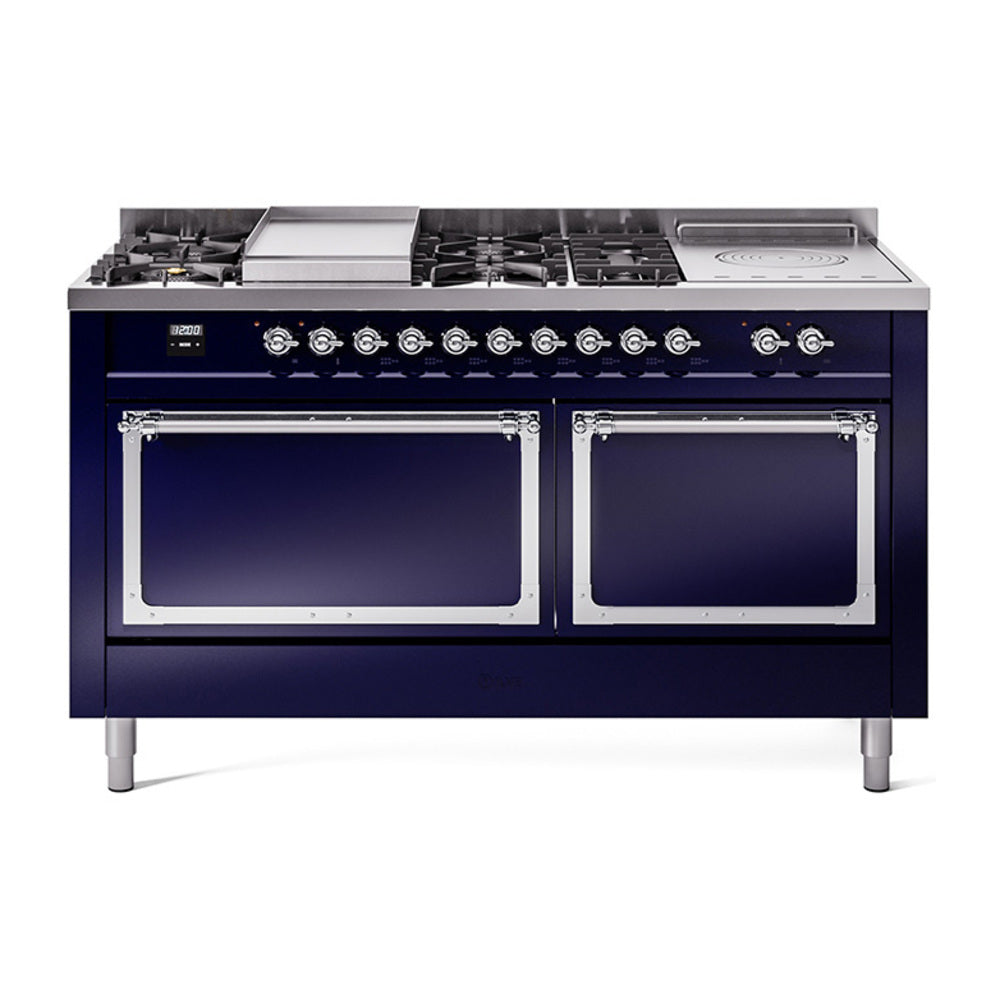 Midnight blue ILVE dual fuel gas range, chrome trim, two oven doors and burner knobs
