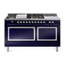 ILVE 60-Inch Nostalgie II Noblesse Propane Gas Dual Fuel Range with 7 Sealed Burners, Gridlde, French Top, and Solid Door Oven in Midnight Blue with Chrome Trim (UN60FSQNMPMBCLP)