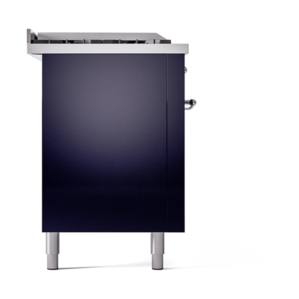 Midnight blue ILVE range side panel with chrome knobs and top cooktop trim