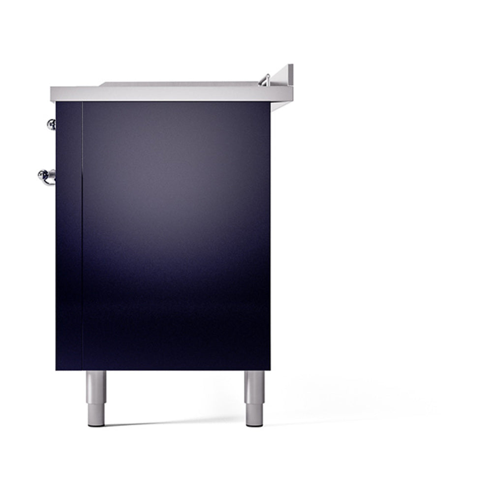 Midnight blue ILVE range side panel with chrome knobs and backguard edge