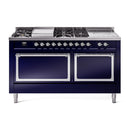 ILVE 60-Inch Nostalgie II Noblesse Natural Gas Dual Fuel Range with 7 Sealed Burners, Gridlde, French Top, and Solid Door Oven in Midnight Blue with Chrome Trim (UN60FSQNMPMBC)