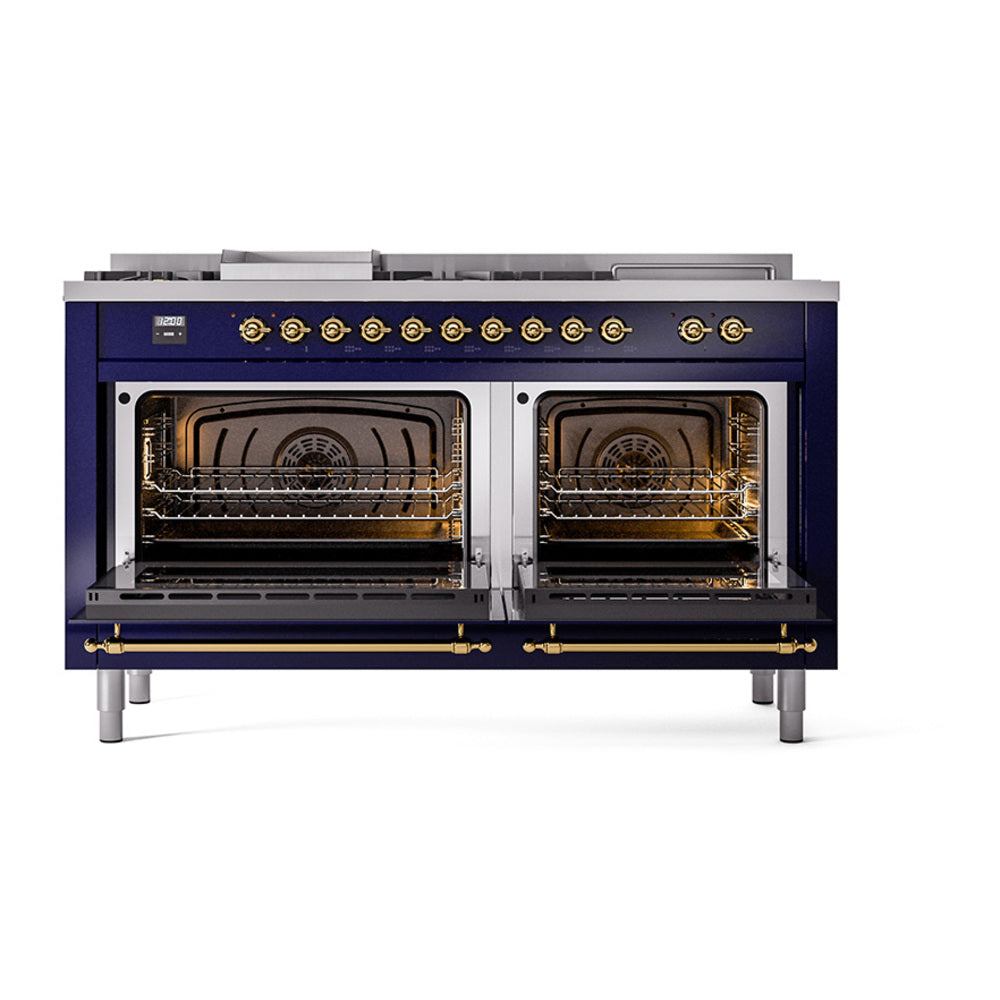 Midnight blue dual fuel range with two open oven doors and visible interior racks