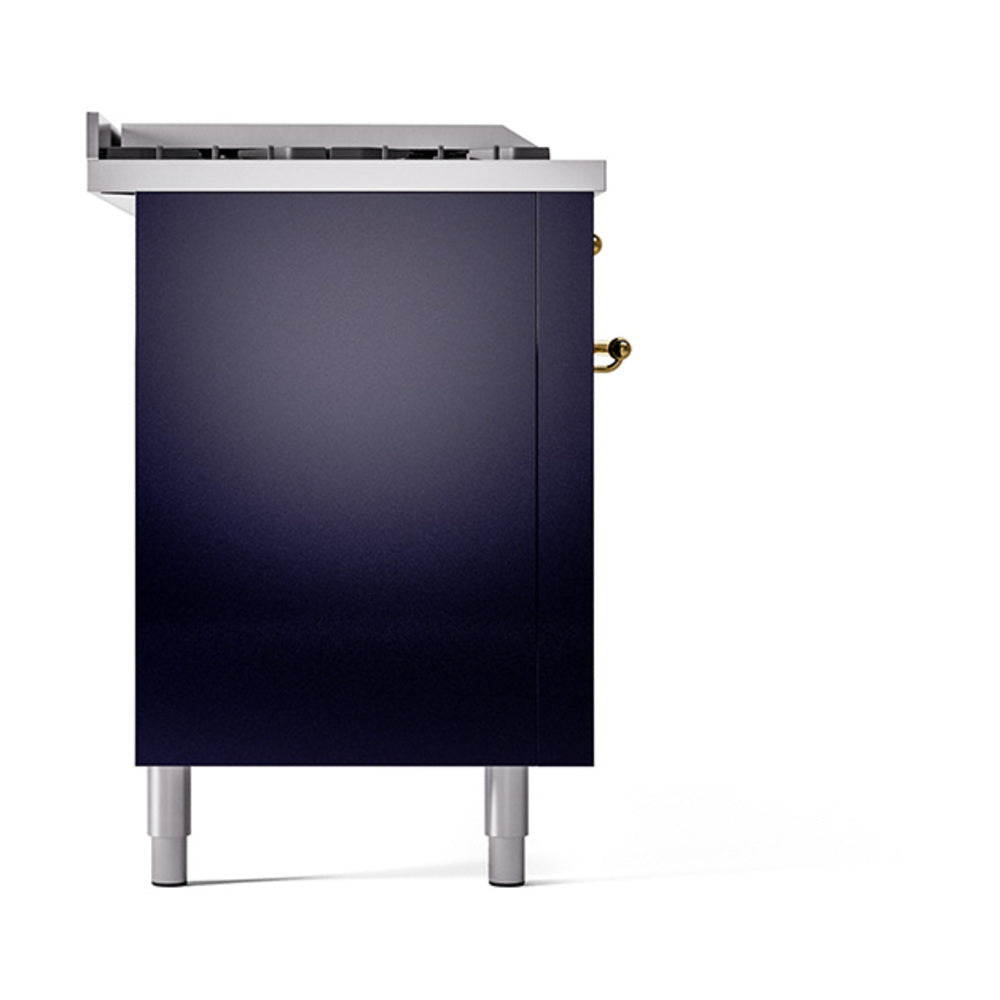 Midnight blue solid door oven with side handle and brass accents