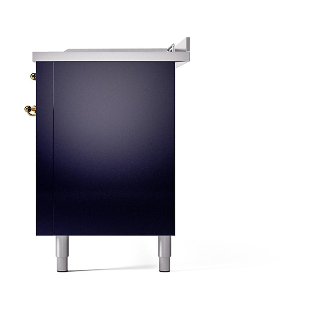 Midnight blue range side panel with brass hardware details and stainless rear cooktop section