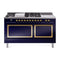ILVE 60-Inch Nostalgie II Noblesse Natural Gas Dual Fuel Range with 7 Sealed Burners, Griddle, French Top, and Solid Door Oven in Midnight Blue with Brass Trim (UN60FSQNMPMBG)