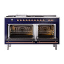 ILVE 60-Inch Nostalgie II Noblesse Propane Gas Dual Fuel Range with 7 Sealed Burners, Griddle, French Top, and Solid Door Oven in Midnight Blue with Copper Trim (UN60FSQNMPMBPLP)