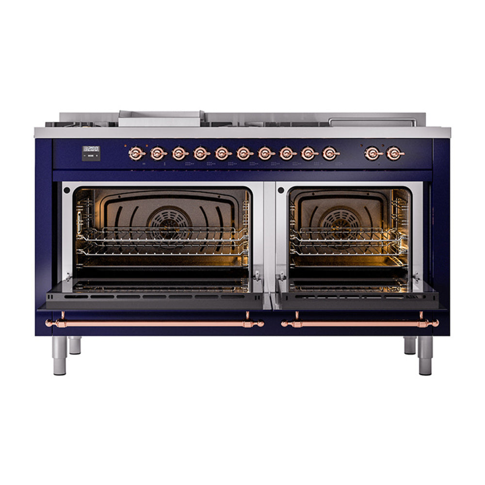 Midnight blue dual fuel range with two open ovens and cooktop control panel