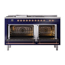 ILVE 60-Inch Nostalgie II Noblesse Natural Gas Dual Fuel Range with 7 Sealed Burners, Griddle, French Top, and Solid Door Oven in Midnight Blue with Copper Trim (UN60FSQNMPMBP)