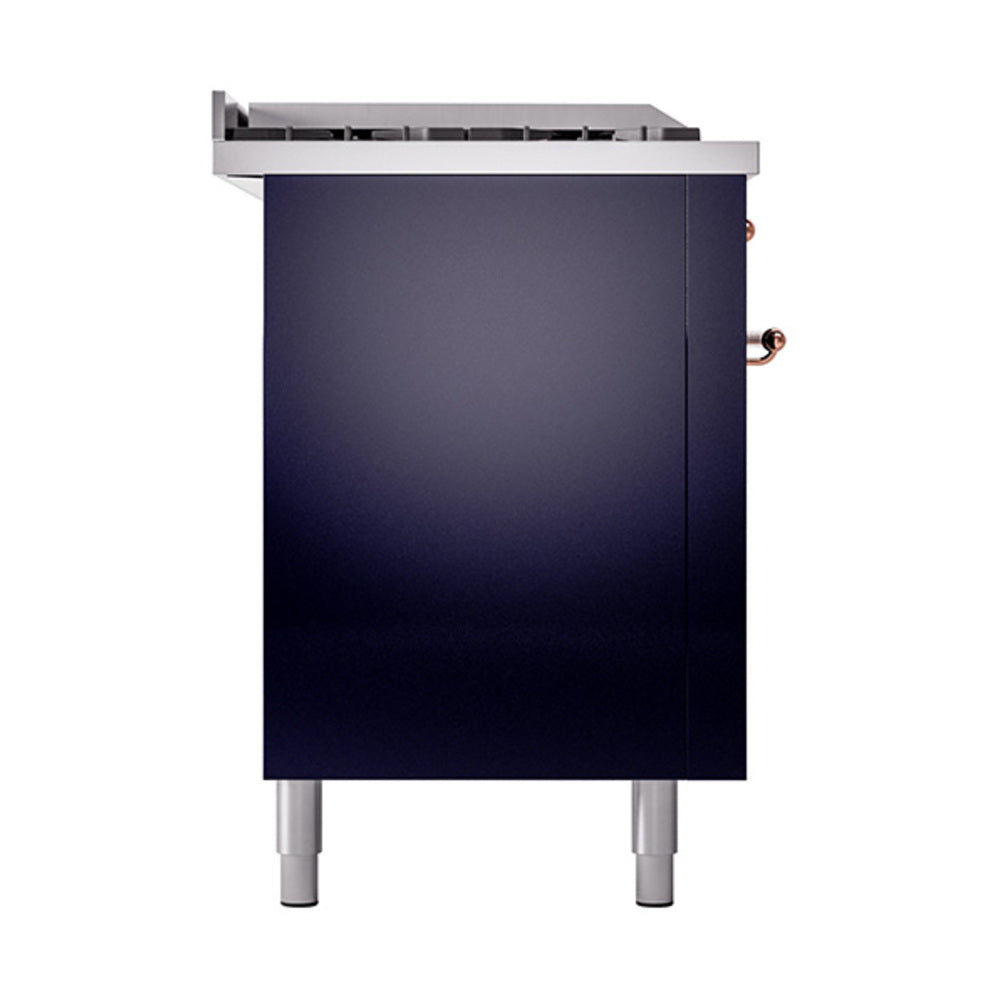 Midnight blue dual fuel range back panel with copper gas connections and vented top