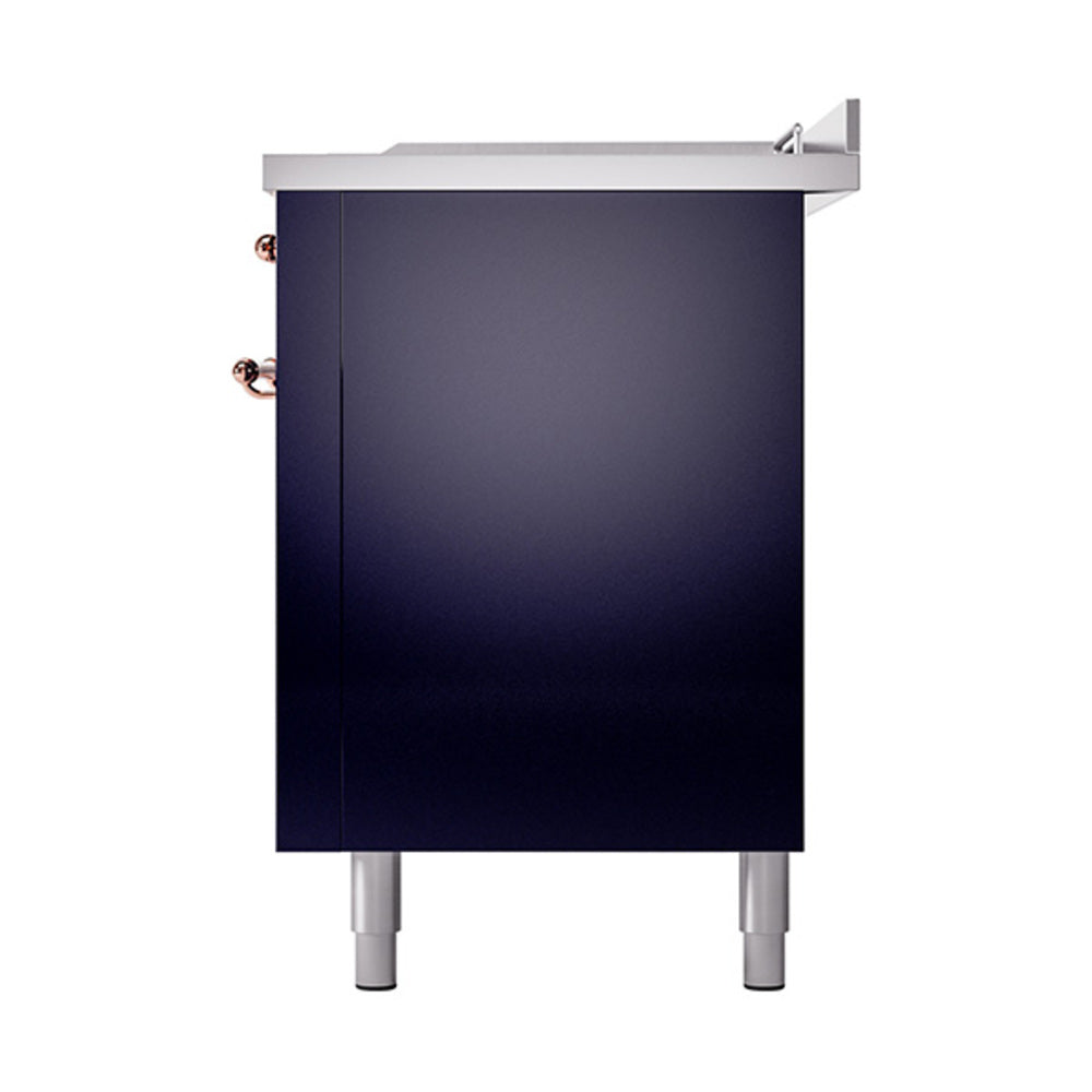 ILVE dual-fuel range opposite side panel, midnight blue cabinet with stainless top and copper knobs