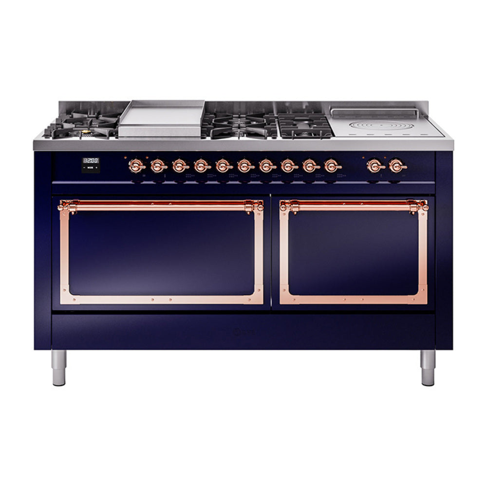 Midnight blue dual fuel range with copper-trimmed control knobs and two oven doors