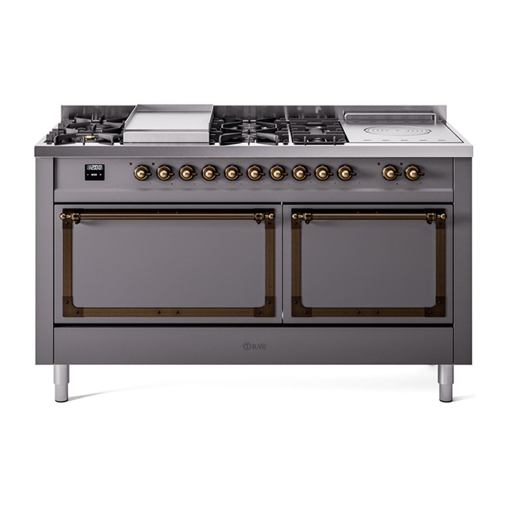 Matte graphite dual-fuel range with French top, bronze-trim knobs and 7 sealed burners