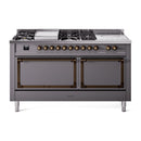 ILVE 60-Inch Nostalgie II Noblesse Natural Gas Dual Fuel Range with 7 Sealed Burners, Gridlde, French Top, and Solid Door Oven in Matte Graphite with Bronze Trim (UN60FSQNMPMGB)