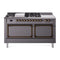 ILVE 60-Inch Nostalgie II Noblesse Natural Gas Dual Fuel Range with 7 Sealed Burners, Gridlde, French Top, and Solid Door Oven in Matte Graphite with Bronze Trim (UN60FSQNMPMGB)