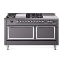 ILVE 60-Inch Nostalgie II Noblesse Propane Gas Dual Fuel Range with 7 Sealed Burners, Gridlde, French Top, and Solid Door Oven in Matte Graphite with Chrome Trim (UN60FSQNMPMGCLP)