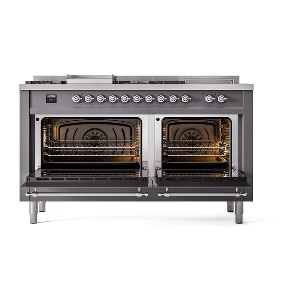 Matte graphite range with two open ovens, racks inside, and control panel
