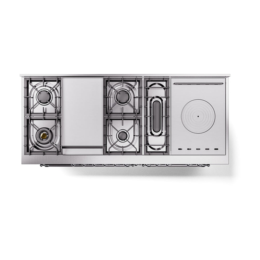 Matte graphite cooking surface with grates, burners, and French-top plate layout