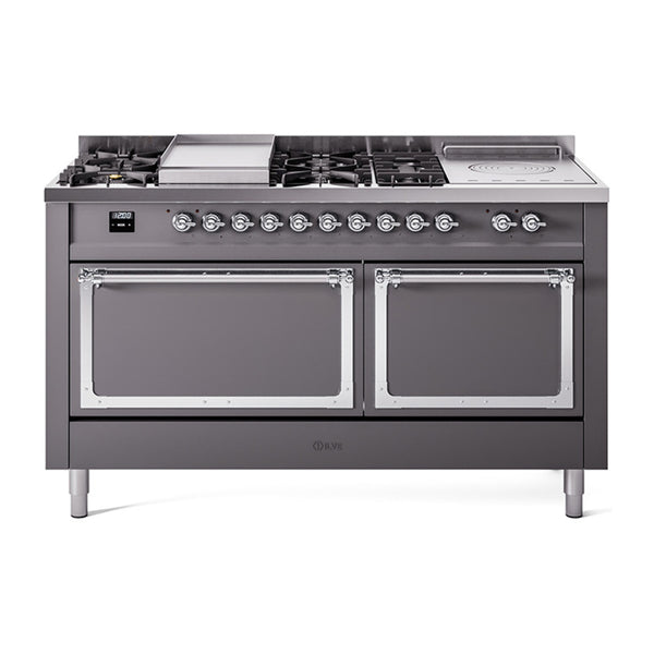 ILVE 60-Inch Nostalgie II Noblesse Dual Fuel Rangewith 7 Sealed Burners, Gridlde, French Top, and Solid Door Oven in Matte Graphite with Chrome Trim (UN60FSQNMPMGC)