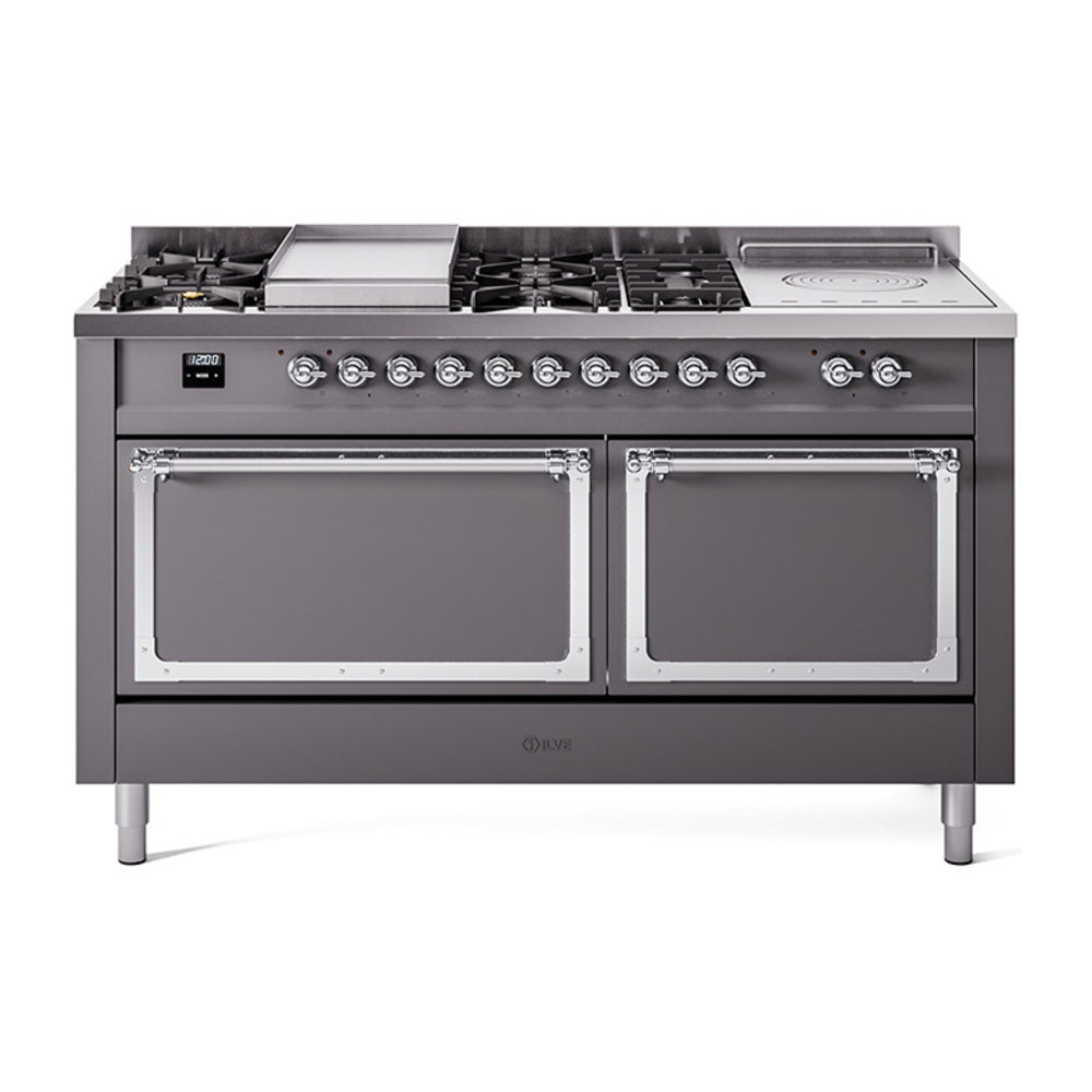 Matte graphite dual fuel range with chrome-trim knobs and closed oven doors