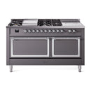 ILVE 60-Inch Nostalgie II Noblesse Natural Gas Dual Fuel Range with 7 Sealed Burners, Gridlde, French Top, and Solid Door Oven in Matte Graphite with Chrome Trim (UN60FSQNMPMGC)