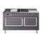 ILVE 60-Inch Nostalgie II Noblesse Natural Gas Dual Fuel Range with 7 Sealed Burners, Gridlde, French Top, and Solid Door Oven in Matte Graphite with Chrome Trim (UN60FSQNMPMGC)
