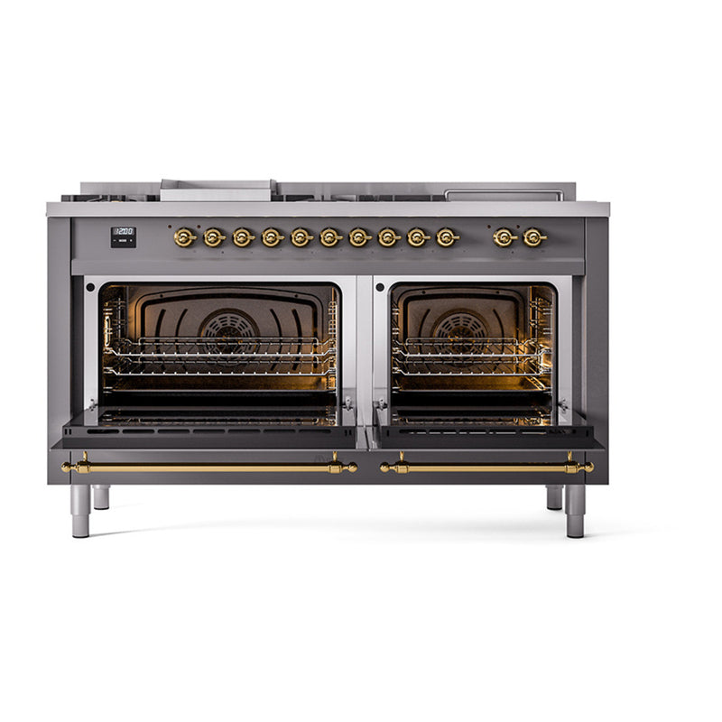 ILVE 60-Inch Nostalgie II Noblesse Dual Fuel Rangewith 7 Sealed Burners, Griddle, French Top, and Solid Door Oven in Matte Graphite with Brass Trim (UN60FSQNMPMGG)