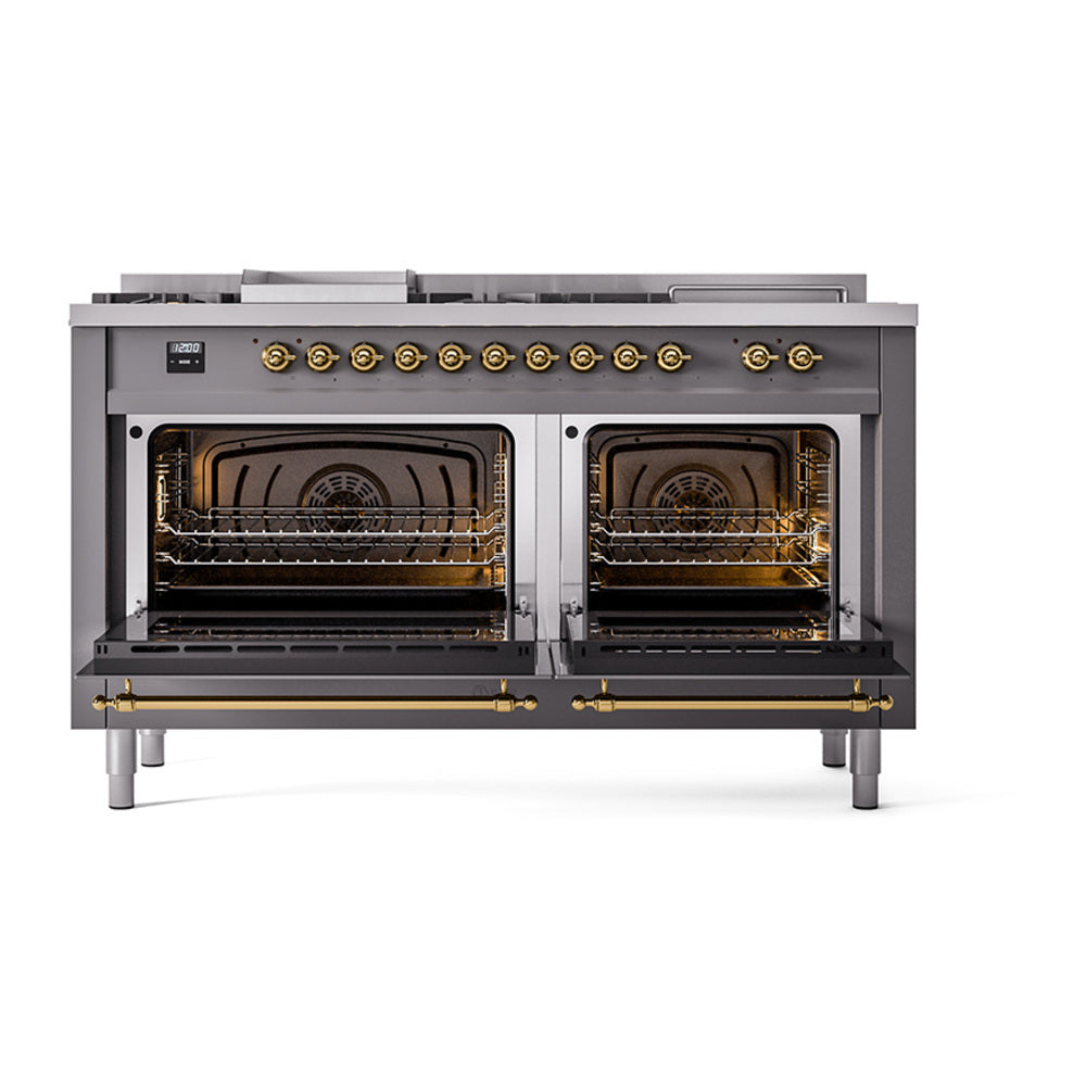 Dual fuel range with two open solid-door ovens and brass knobs, front view