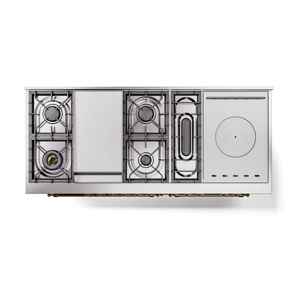 Matte graphite range cutaway showing burners, grates, and oven compartments