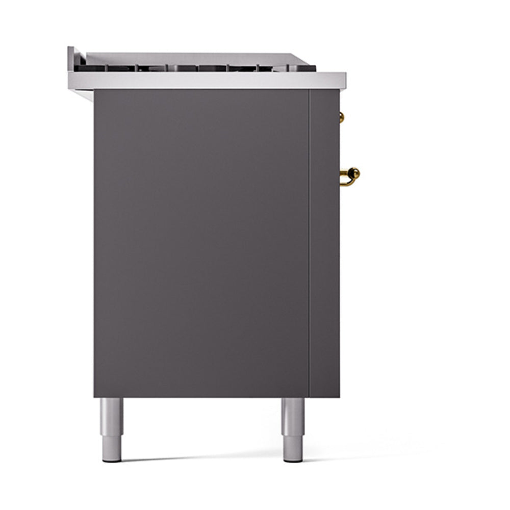 Matte graphite solid door oven front panel with brass handle accents