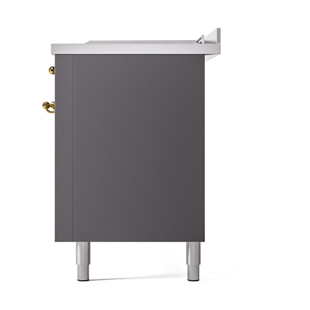 Matte graphite oven side door with brass hinges and adjustable leveling legs