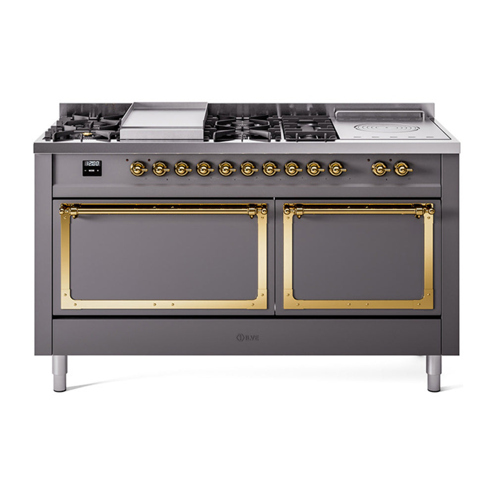 Matte graphite dual fuel range with brass-trimmed burners and French top, front view