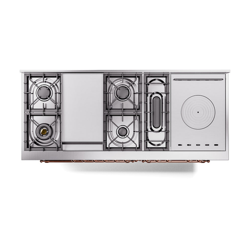 Matte graphite range side view with multiple gas burners and large circular French-top plate