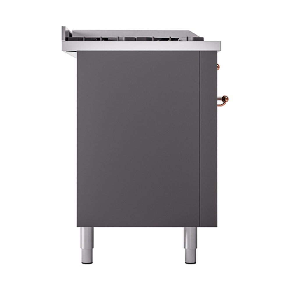 Matte graphite solid door panel with copper gas knobs and stainless vent hood