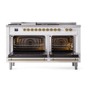 ILVE 60-Inch Nostalgie II Noblesse Natural Gas Dual Fuel Range with 7 Sealed Burners, Gridlde, French Top, and Solid Door Oven in RAL with Brass Trim (UN60FSQNMPRAG)