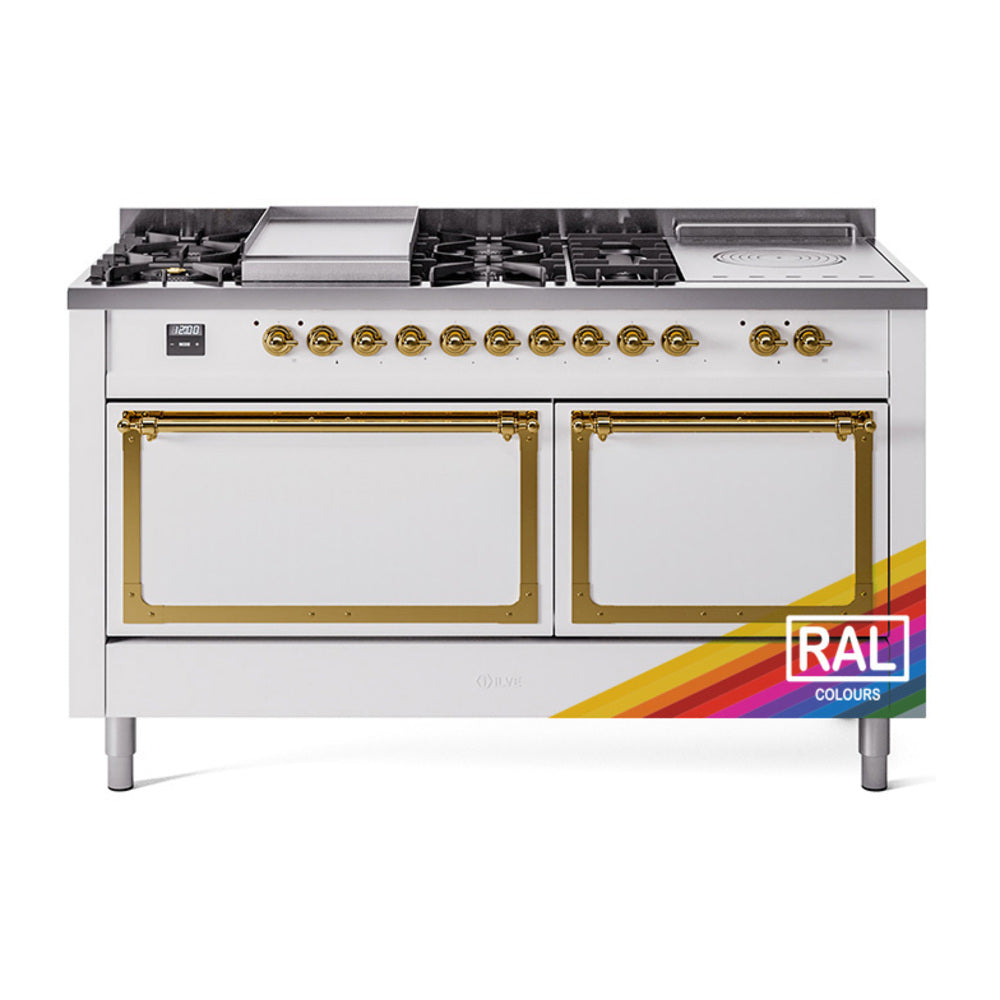 Dual-fuel gas range with brass-trim doors, open ovens, white exterior