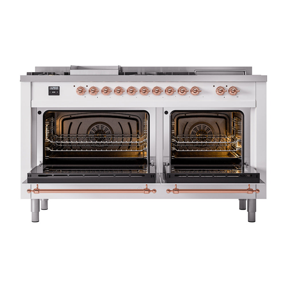 Dual fuel range with two open oven doors showing interior racks and copper control trim