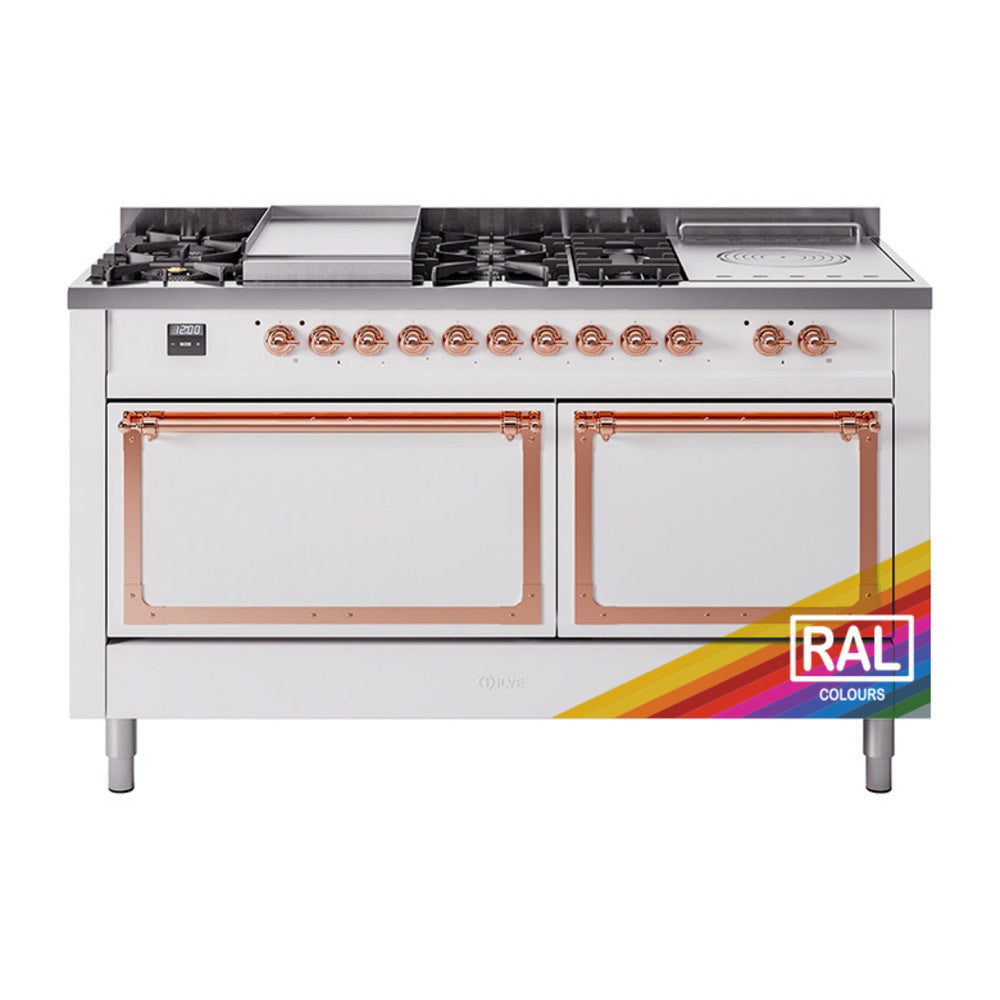 Dual fuel range with white body, copper knobs and trim, griddle and French top