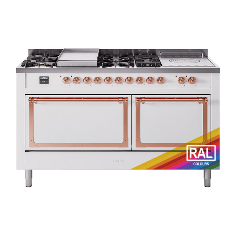 ILVE 60-Inch Nostalgie II Noblesse Dual Fuel Range with 7 Sealed Burners, Gridlde, French Top, and Solid Door Oven in Custom RAL with Copper Trim (UN60FSQNMPRAP)