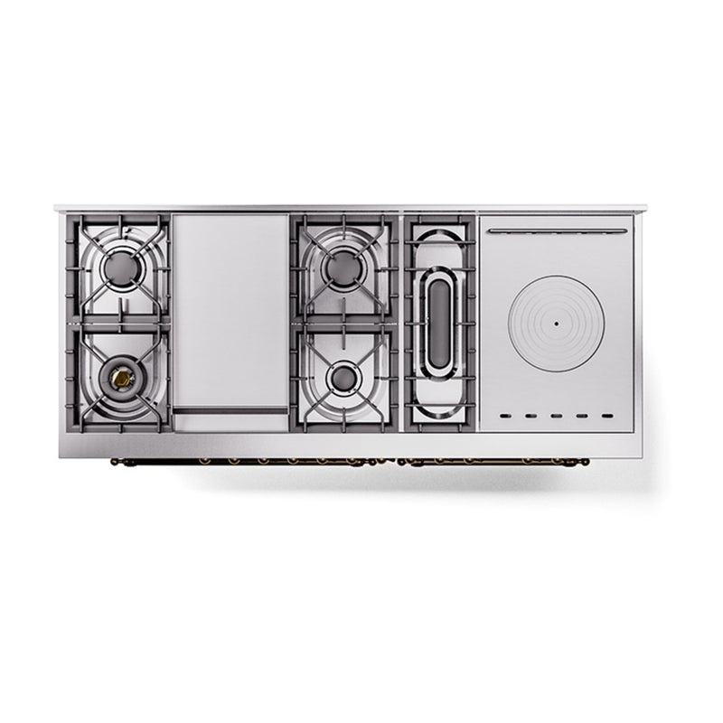 ILVE 60-Inch Nostalgie II Noblesse Dual Fuel Range with 7 Sealed Burners, Griddle, French Top, and Solid Door Oven in Stainless Steel with Bronze Trim (UN60FSQNMPSSB)
