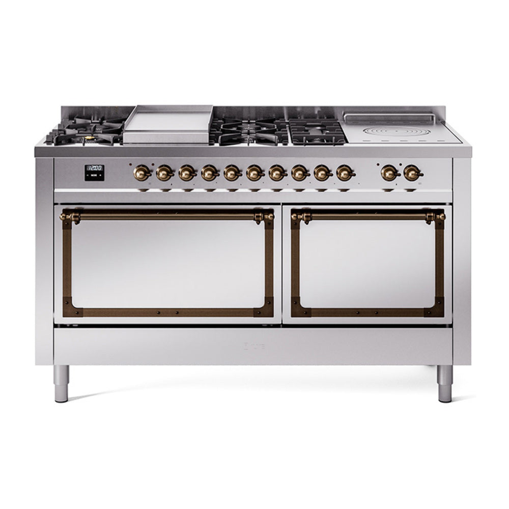 Stainless dual-fuel range with front burner grates and bronze-trim control knobs