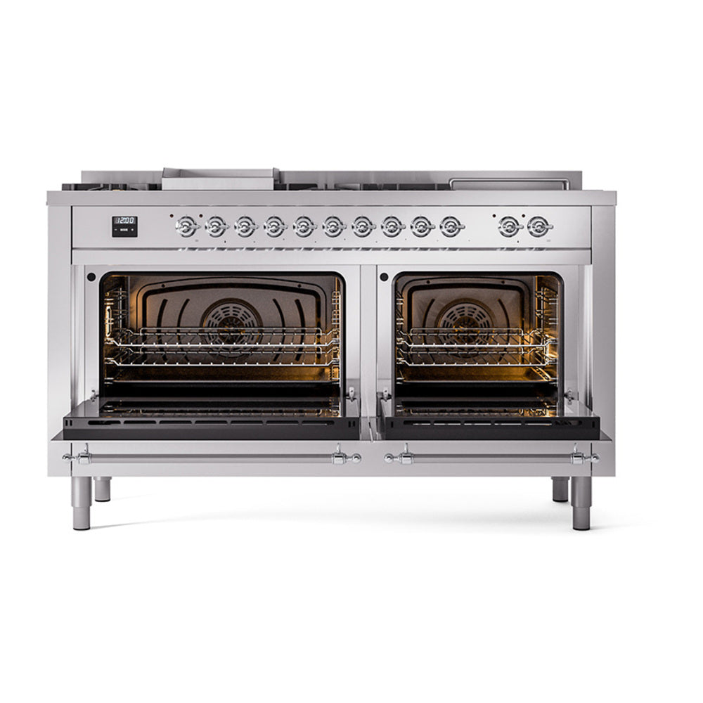 Stainless steel dual fuel range with both oven doors open, showing two oven cavities