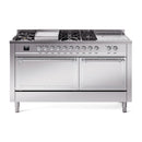 ILVE 60-Inch Nostalgie II Noblesse Natural Gas Dual Fuel Range with 7 Sealed Burners, Gridlde, French Top, and Solid Door Oven in Stainless Steel with Chrome Trim (UN60FSQNMPSSC)