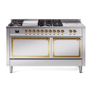 ILVE 60-Inch Nostalgie II Noblesse Propane Gas Dual Fuel Range with 7 Sealed Burners, Gridlde, French Top, and Solid Door Oven in Stainless Steel with Brass Trim (UN60FSQNMPSSGLP)
